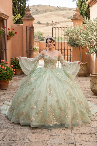 Full front view of a woman wearing sage quinceañera dress with glitter tulle ball gown skirt, embroidered bodice, and elegant off-shoulder silhouette.