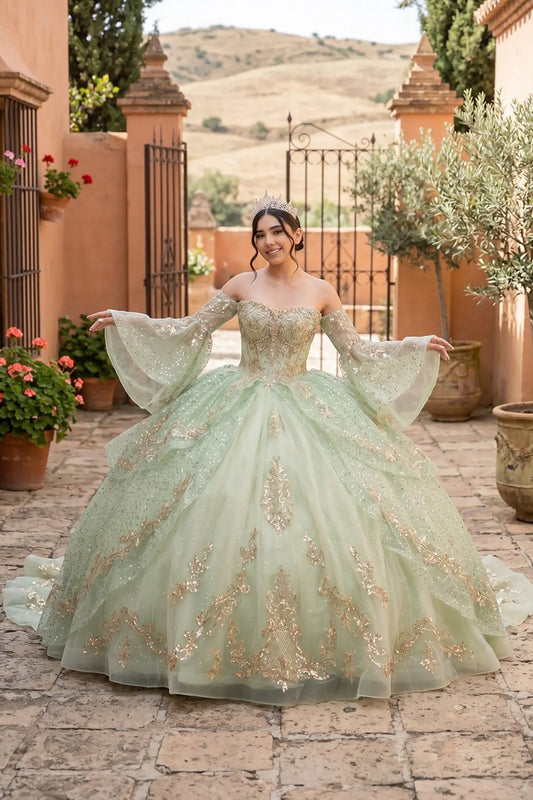 Full front view of a woman wearing sage quinceañera dress with glitter tulle ball gown skirt, embroidered bodice, and elegant off-shoulder silhouette.