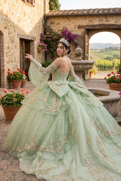 Back view of a woman wearing sage quinceañera dress with voluminous glitter tulle skirt, lace-up corset closure, and embroidered accents.