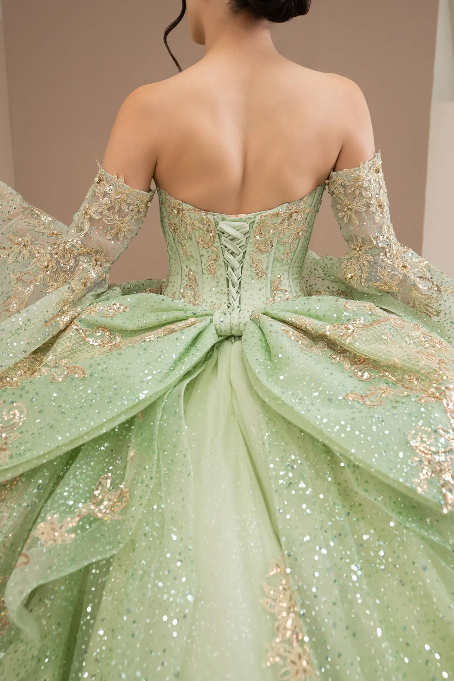Bodice back close-up of a woman wearing sage quinceañera dress with embroidery detail, sequins, and lace-up corset design.