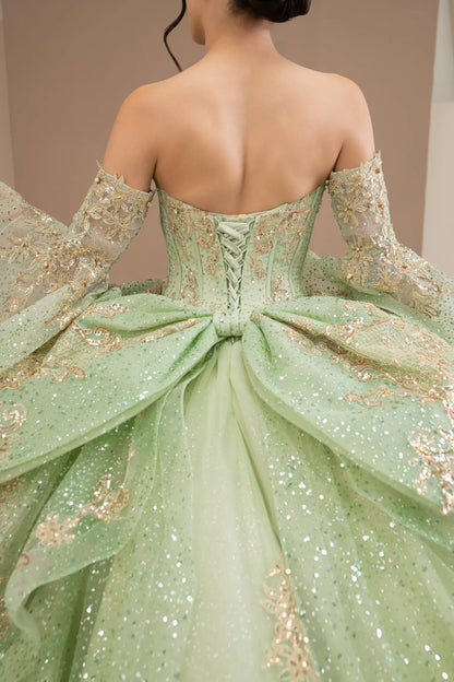 Bodice back close-up of a woman wearing sage quinceañera dress with embroidery detail, sequins, and lace-up corset design.