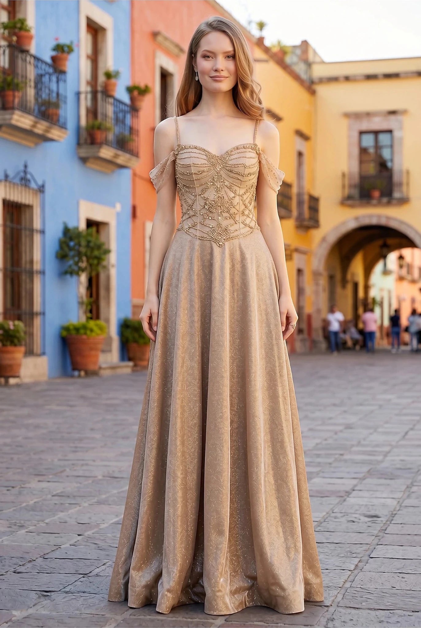Champagne evening dress with sweetheart corset bodice