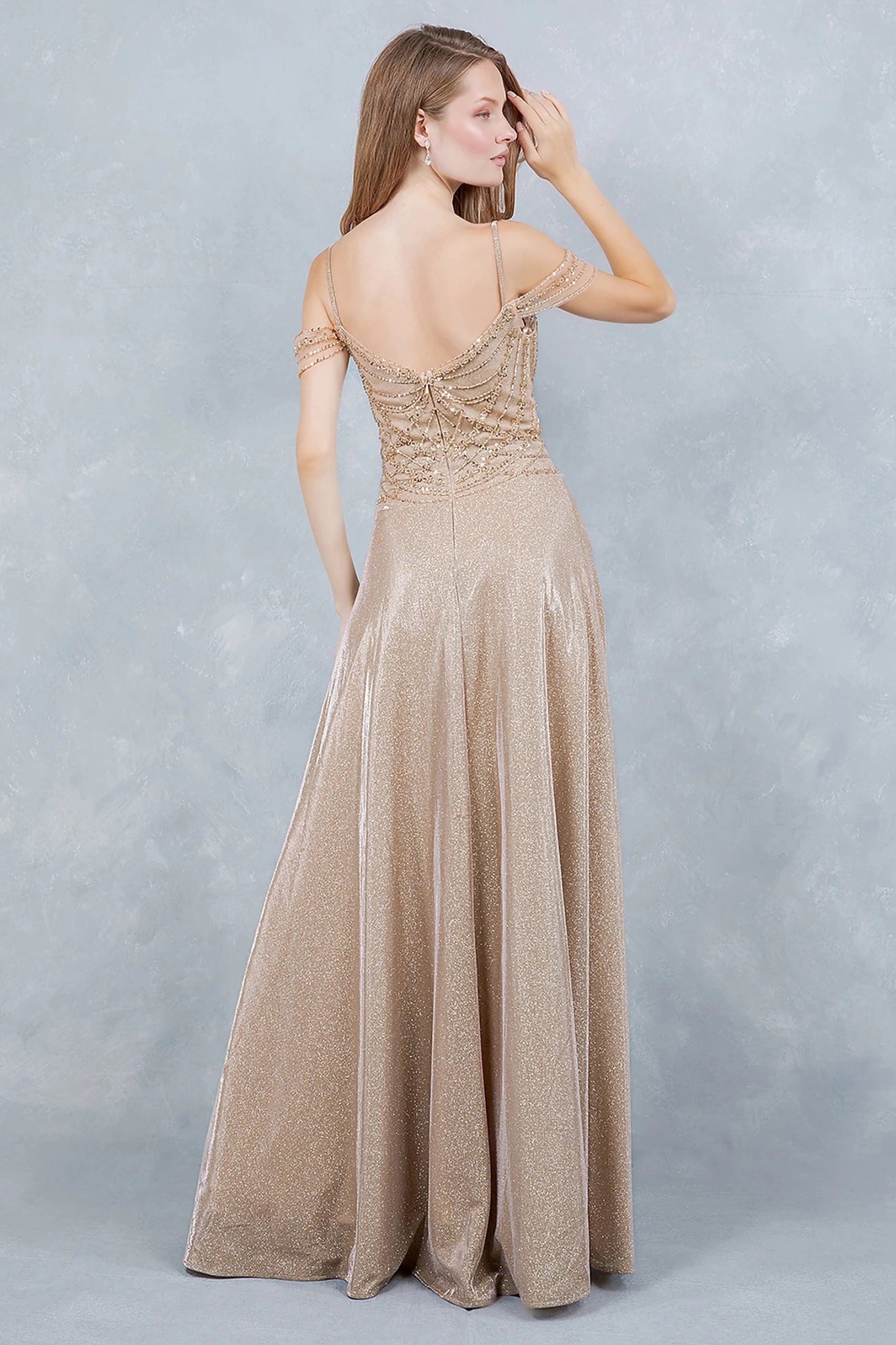 Champagne evening dress designed with zipper back closure