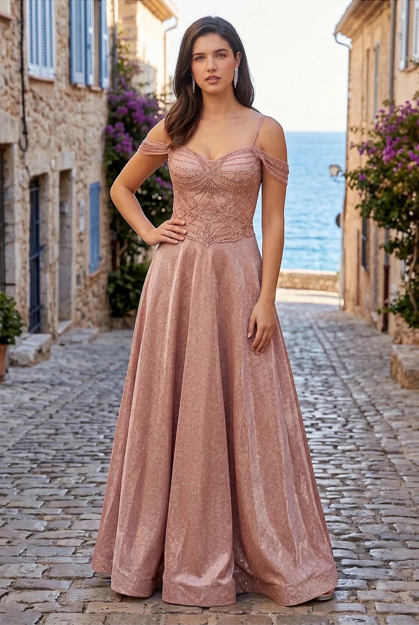Rose Gold Evening dress with sweetheart corset bodice