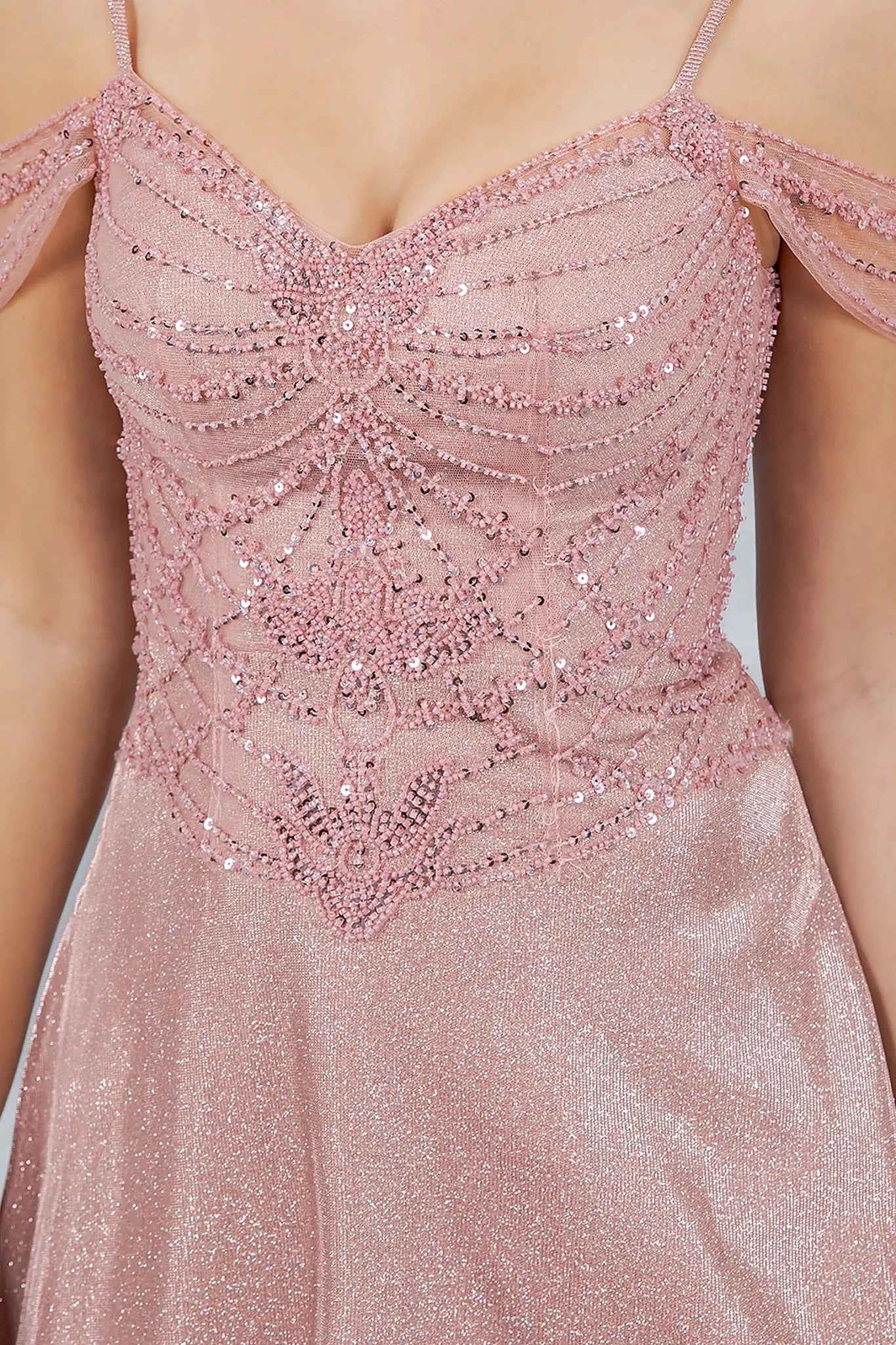 Rose Gold Evening dress featuring beadwork and sequins in ornate motifs