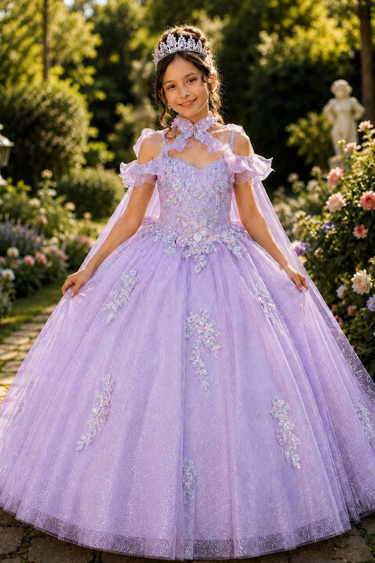 Shown in a front view, the Lilac mini quince dress has floral collar, off-shoulder straps and full glitter tulle skirt.