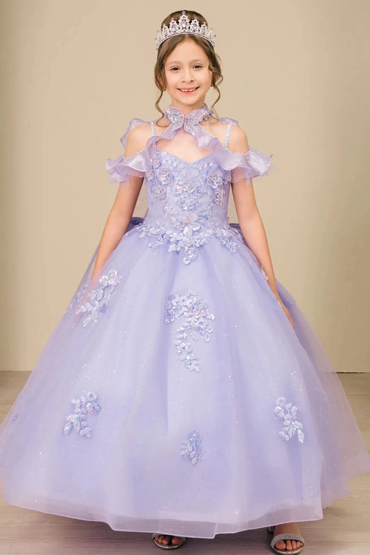 Front view of lilac mini quinceañera mini quince dress with shimmering tulle skirt, off-shoulder ruffled sleeves, and glitter-embellished bodice.