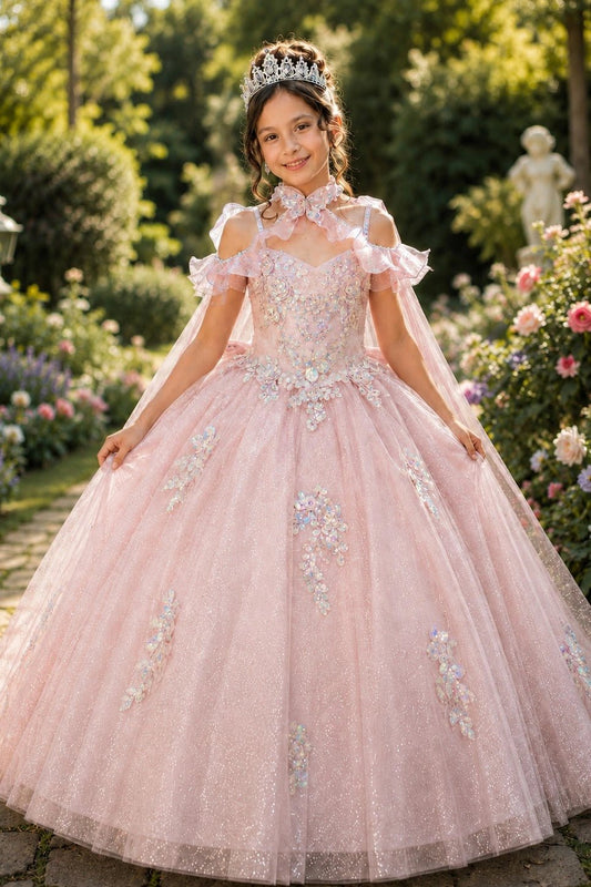 Shown in a front view, the Pink mini quince dress has floral collar and off-shoulder straps over the glitter ball skirt.