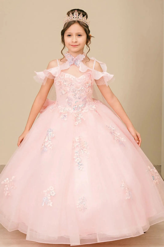 Front view of pink mini quinceañera mini quince dress with shimmering tulle skirt, off-shoulder ruffled sleeves, and glitter-embellished bodice.