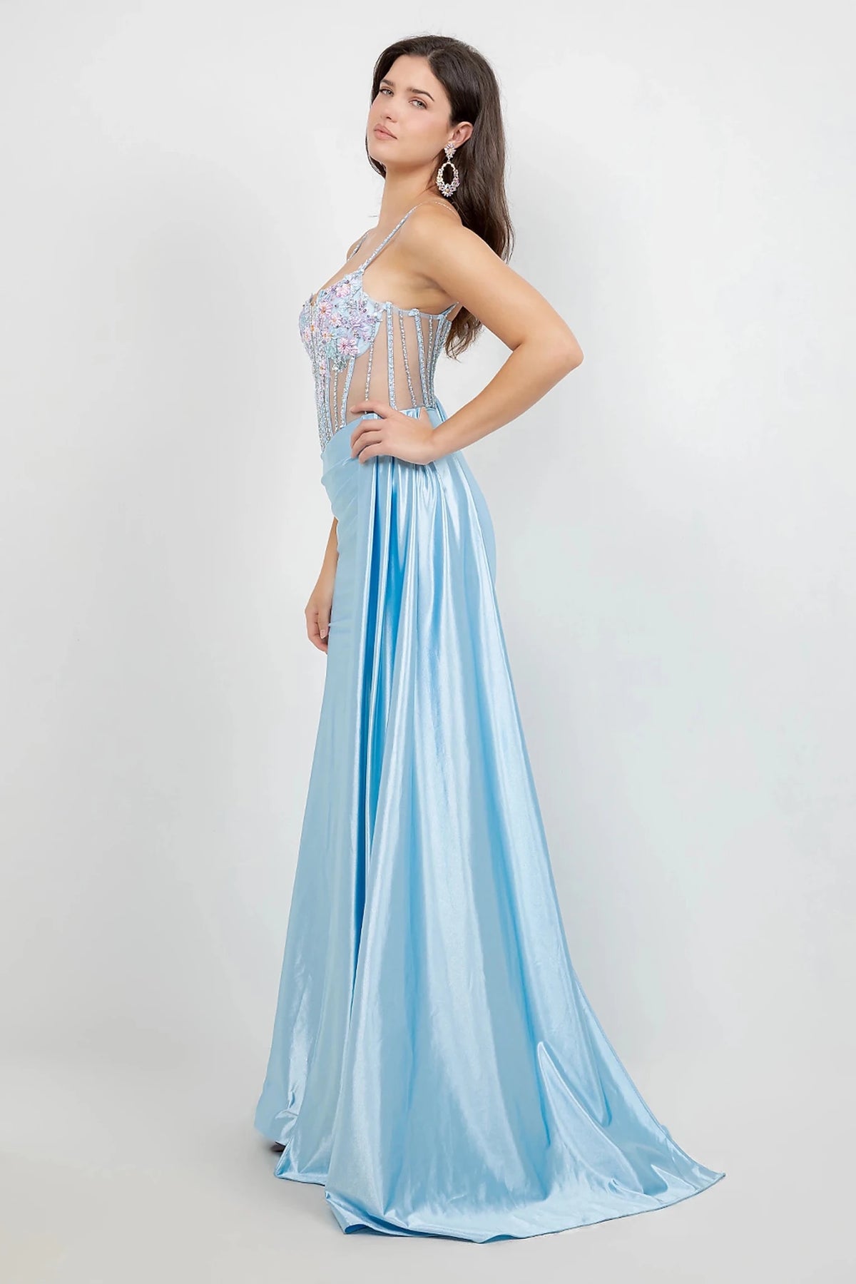 Blue evening gown with silky satin skirt draped with ruching detail