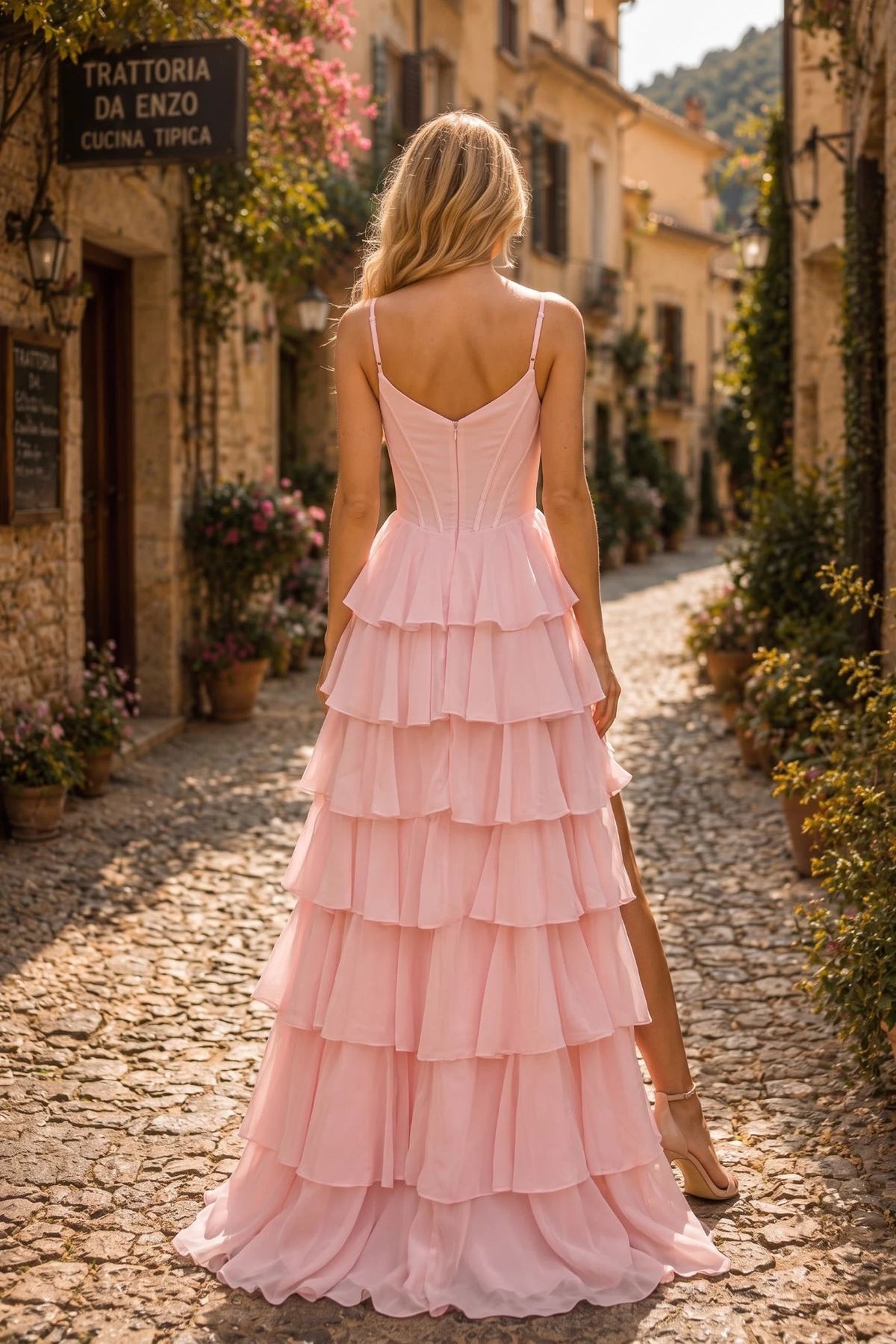 Back view of this Pink prom and evening dress highlights the fitted back and flowing hem.