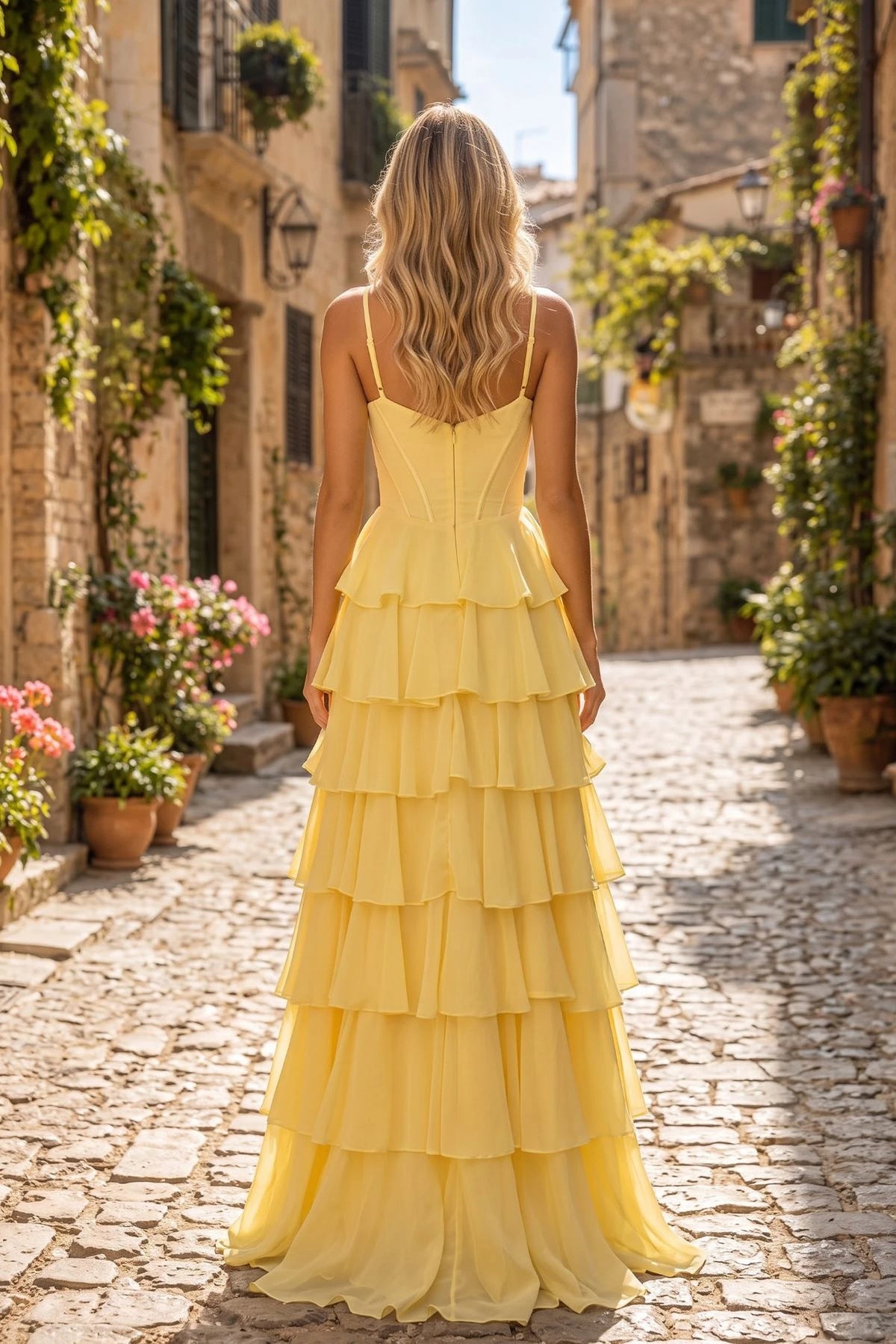 Back view of this Yellow prom and evening dress highlights the fitted back and flowing hem.