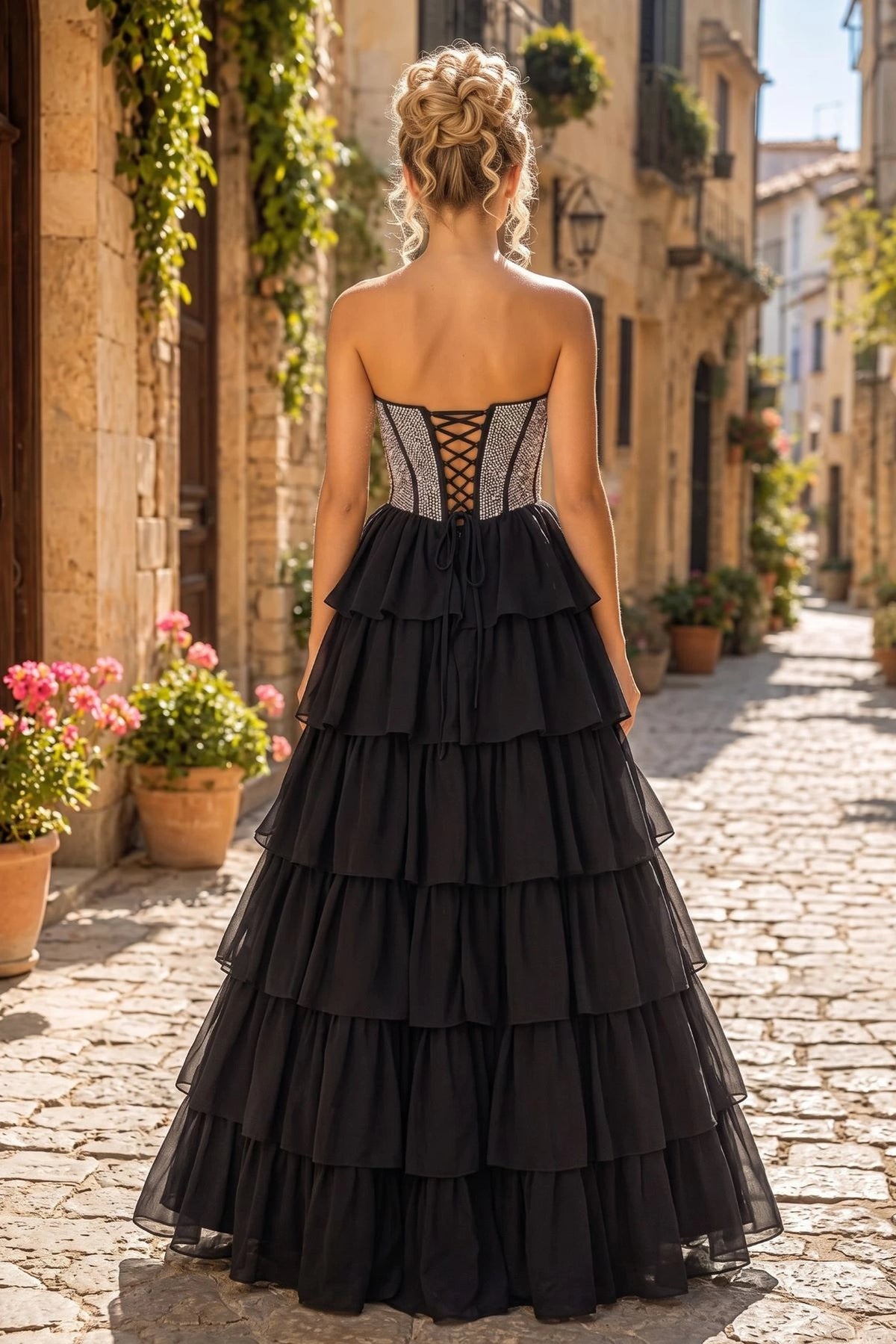 Back view of this Black prom and evening dress highlights the lace-up back.