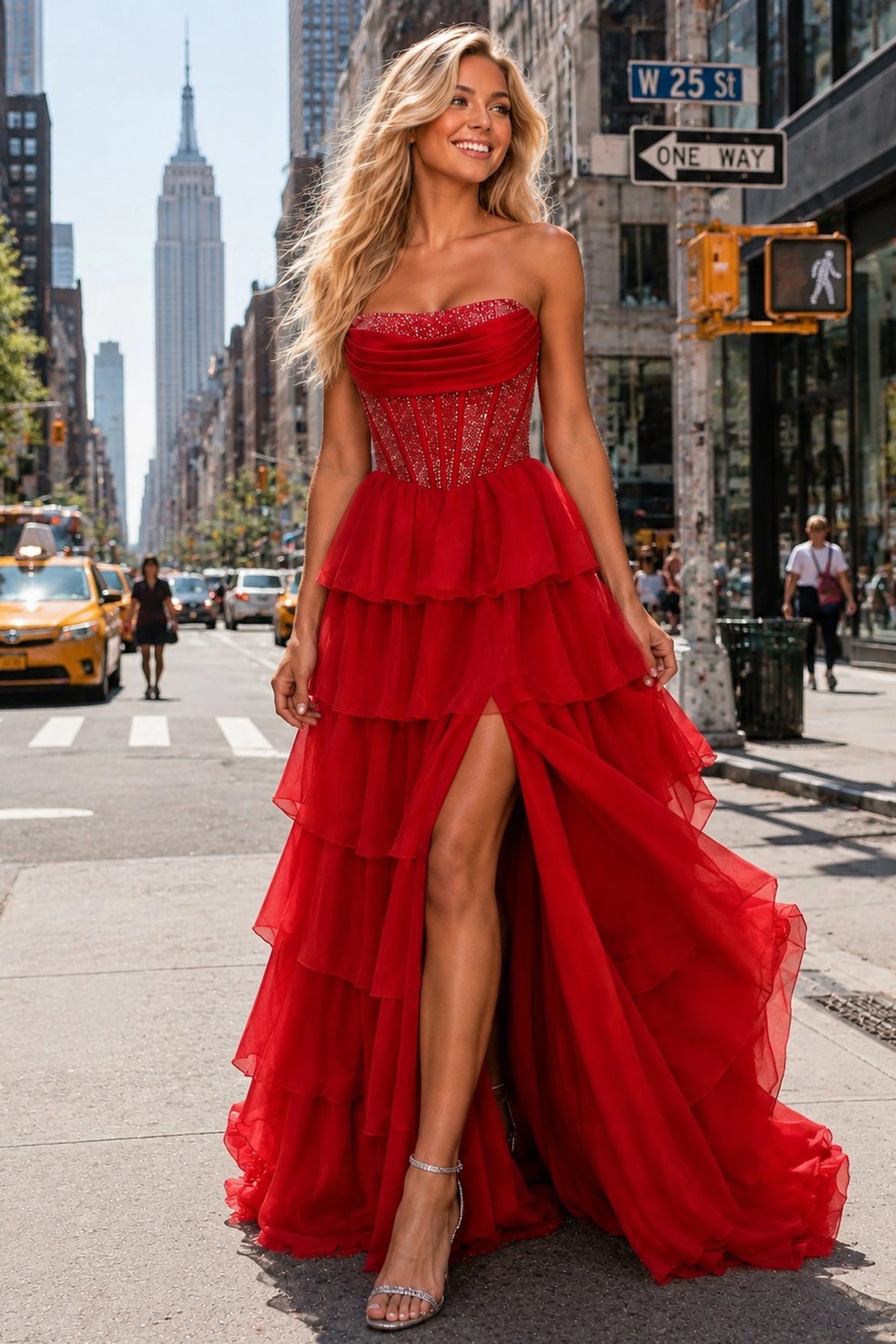 Red prom and evening dress with a straight-across neckline and chiffon skirt.
