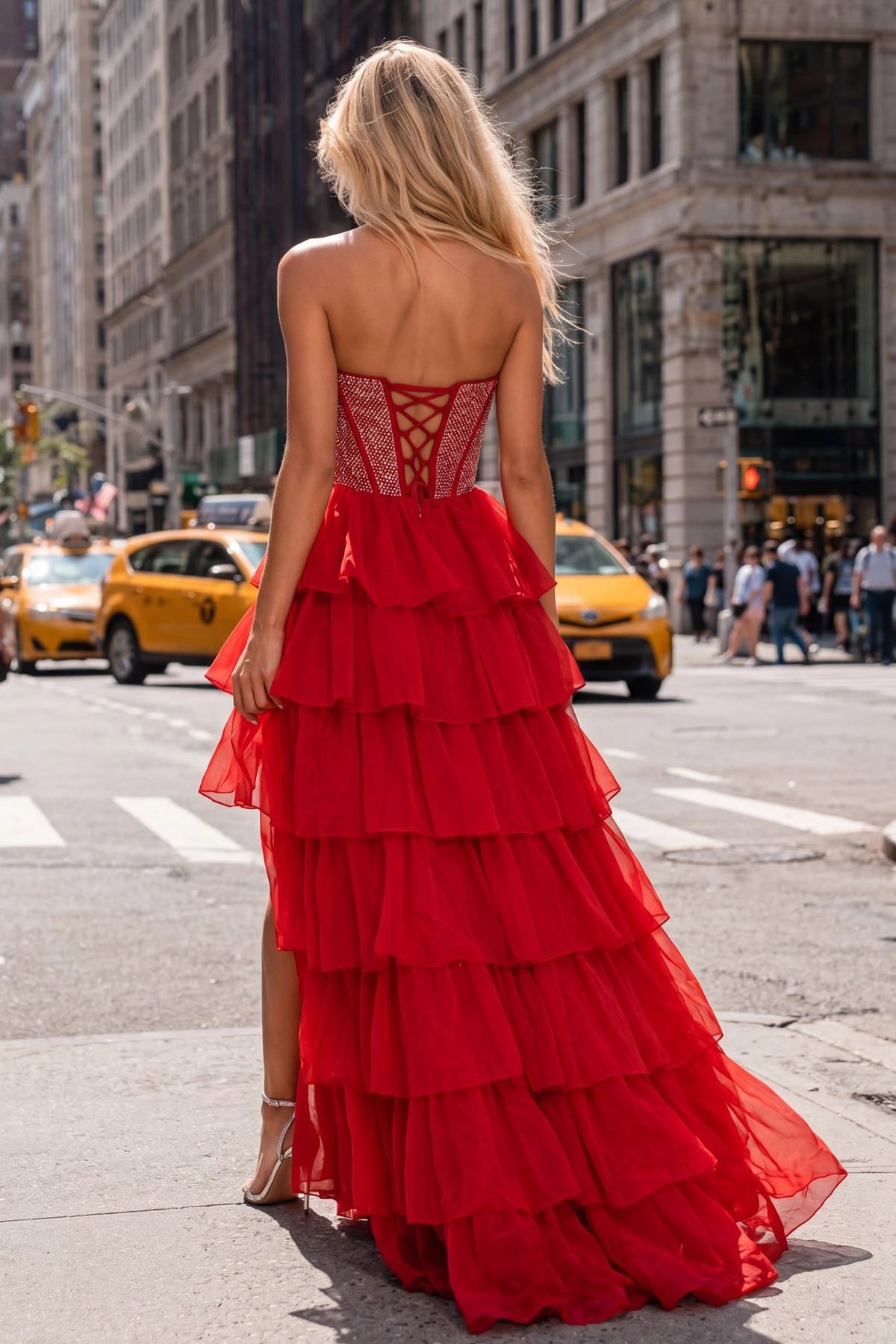 Back view of this Red prom and evening dress highlights the lace-up back.