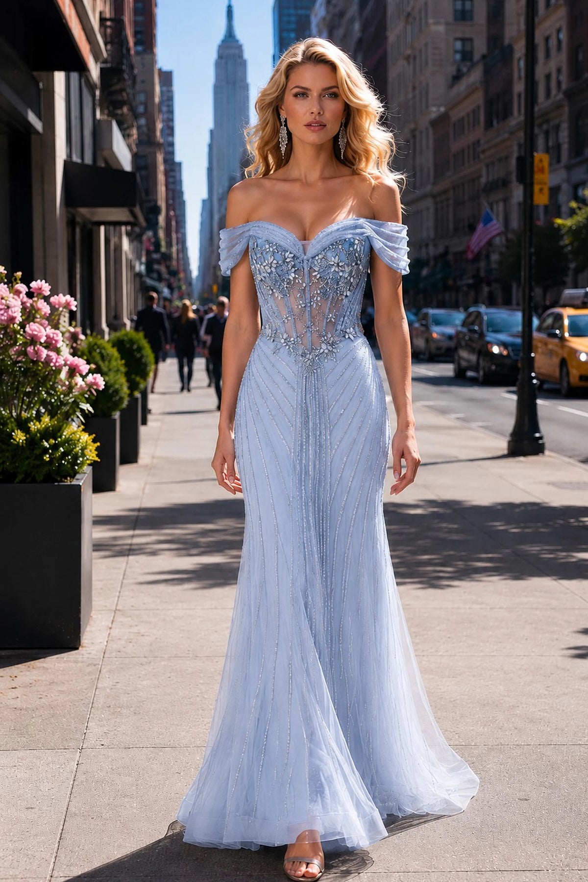Blue prom and evening dress with a sweetheart neckline and tulle skirt.
