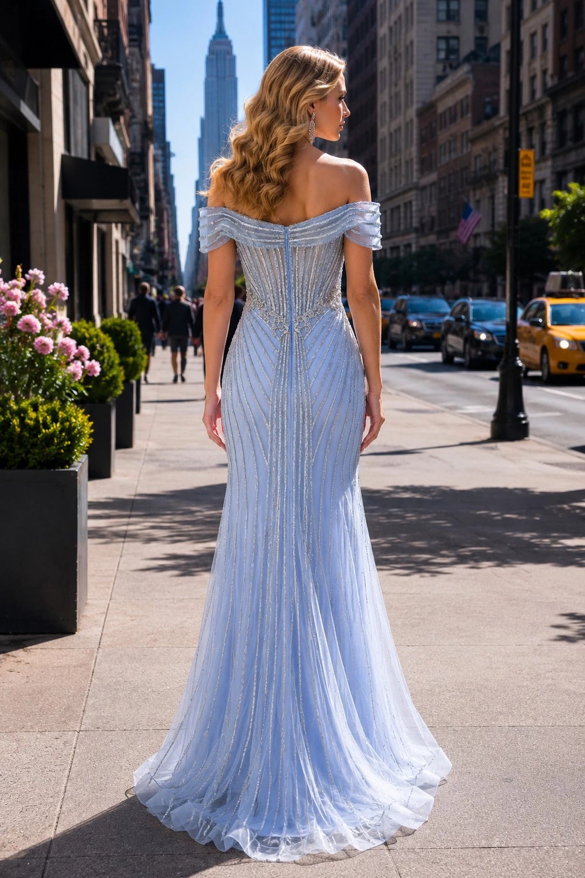 Back view of this Blue prom and evening dress highlights the lace-up back.