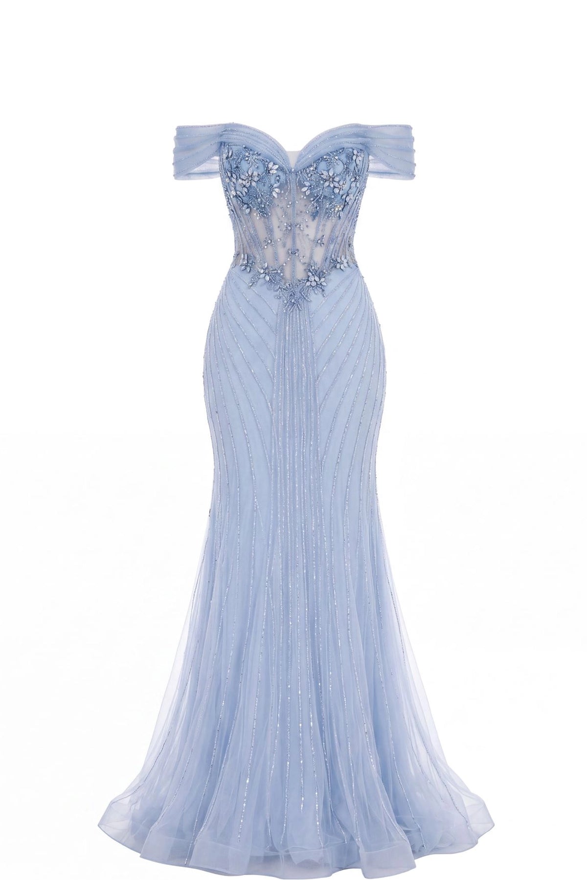 Beaded detailing accents this Blue prom and evening dress.