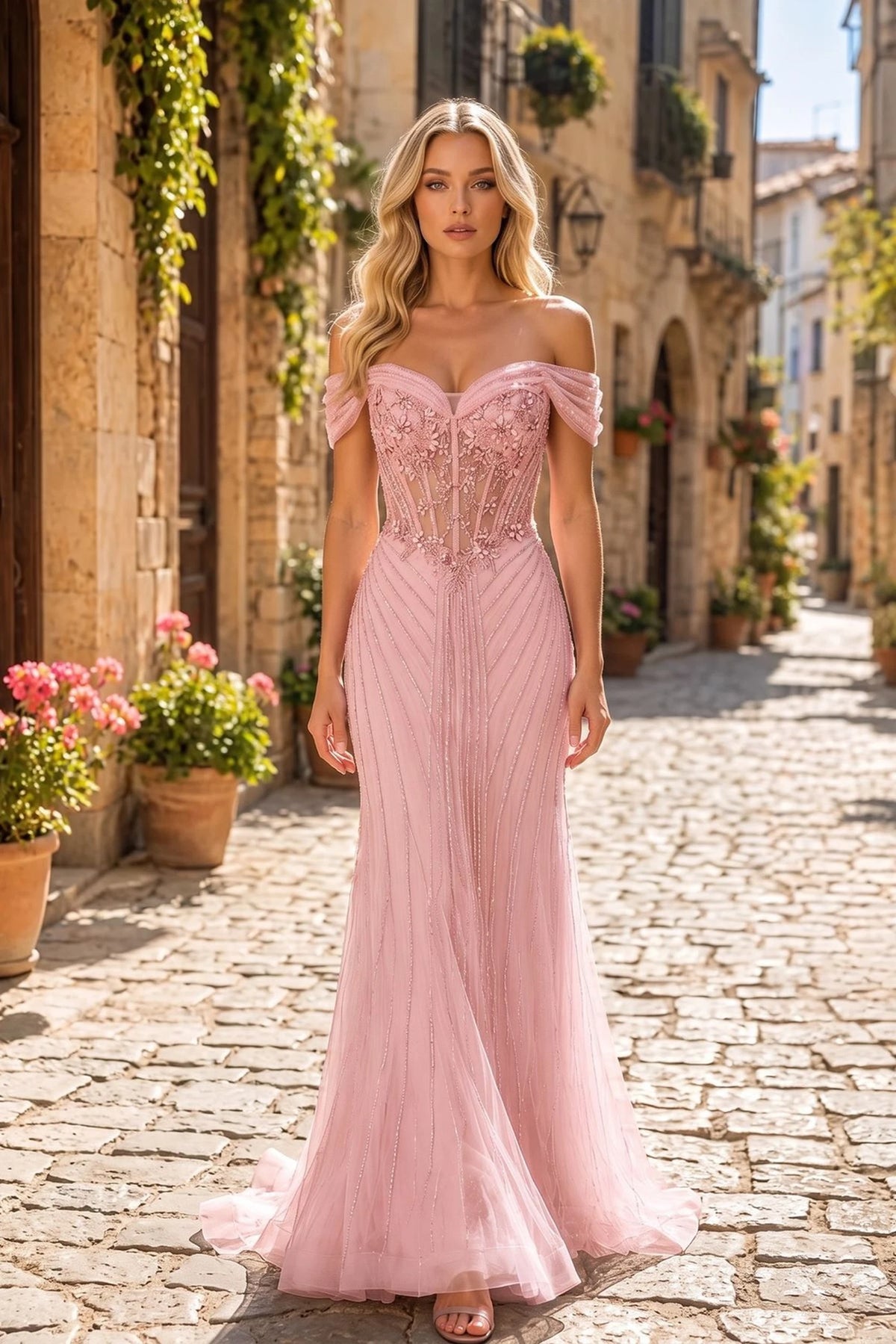 Pink prom and evening dress with a sweetheart neckline and tulle skirt.