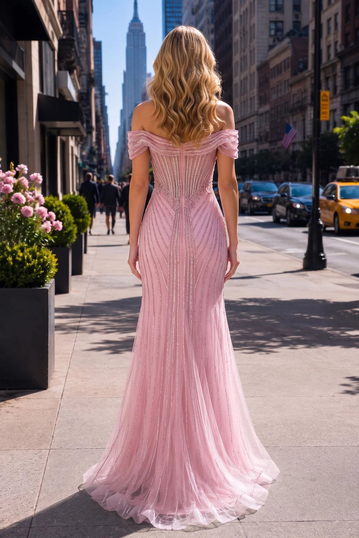 Back view of this Pink prom and evening dress highlights the lace-up back.