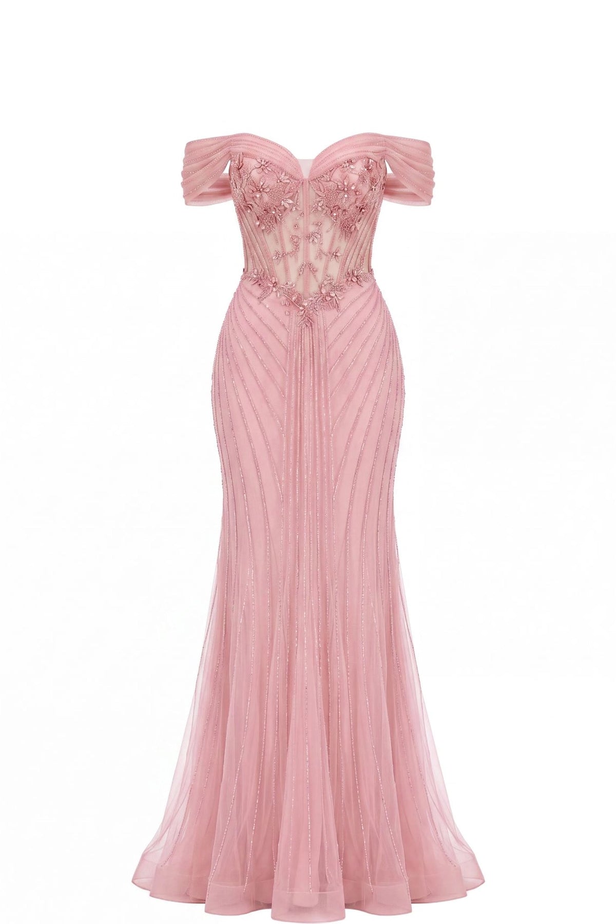 Beaded detailing accents this Pink prom and evening dress.