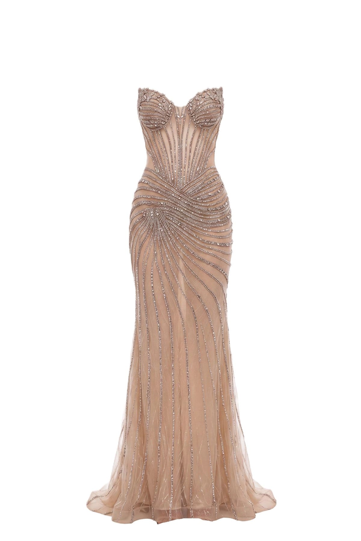 Beaded detailing accents this Champagne prom and evening dress.