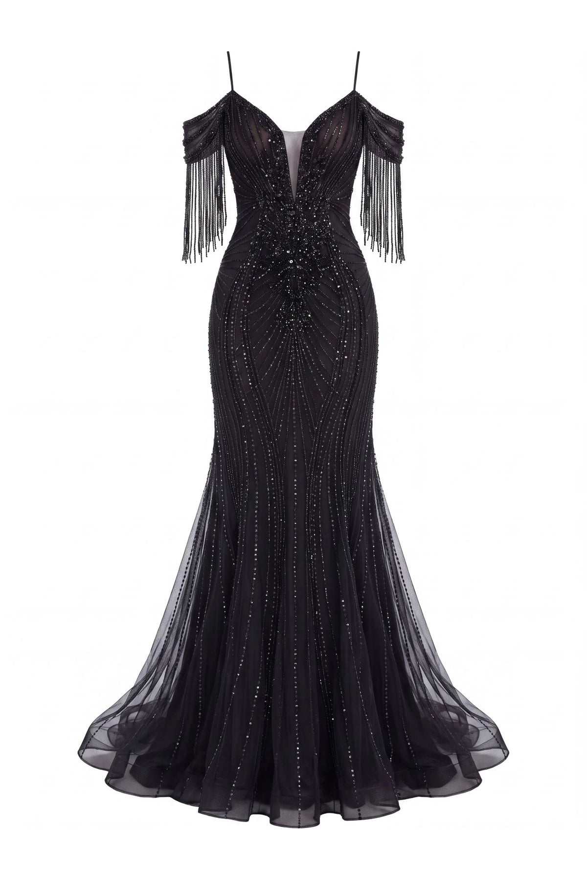 Beaded detailing accents this Black prom and evening dress.