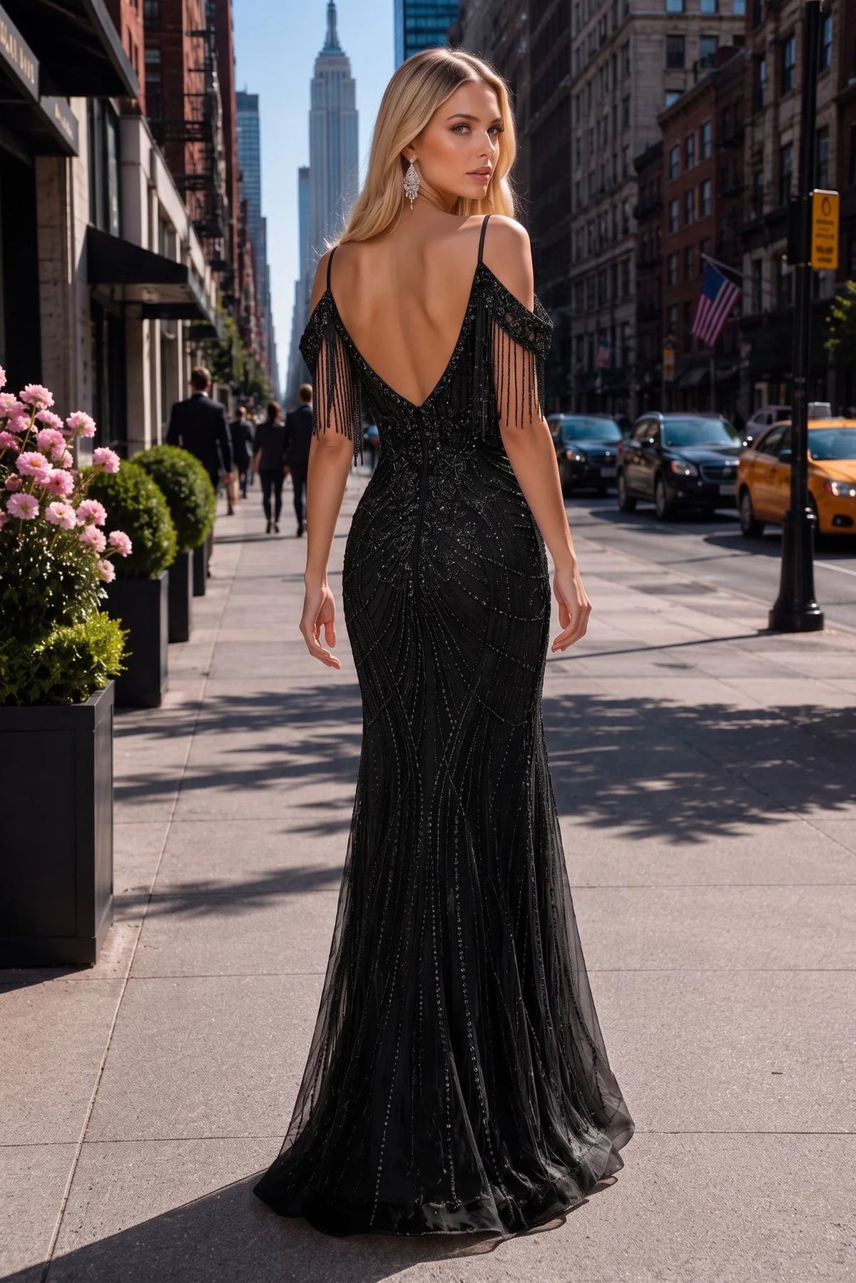 Back view of this Black prom and evening dress highlights the open V-back.