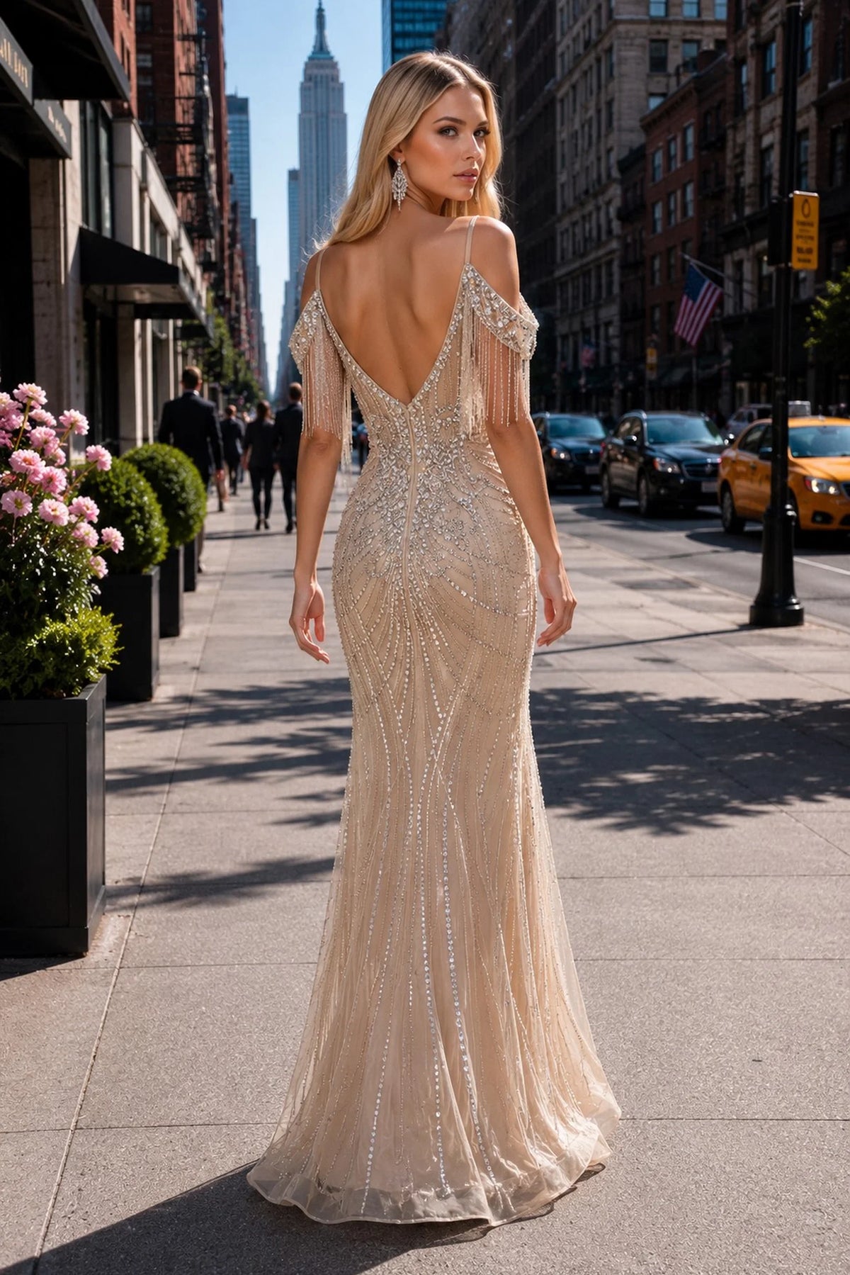 Back view of this Champagne prom and evening dress highlights the open V-back.