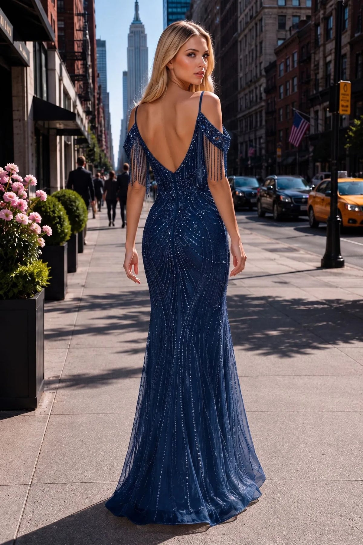 Back view of this Navy prom and evening dress highlights the open V-back.