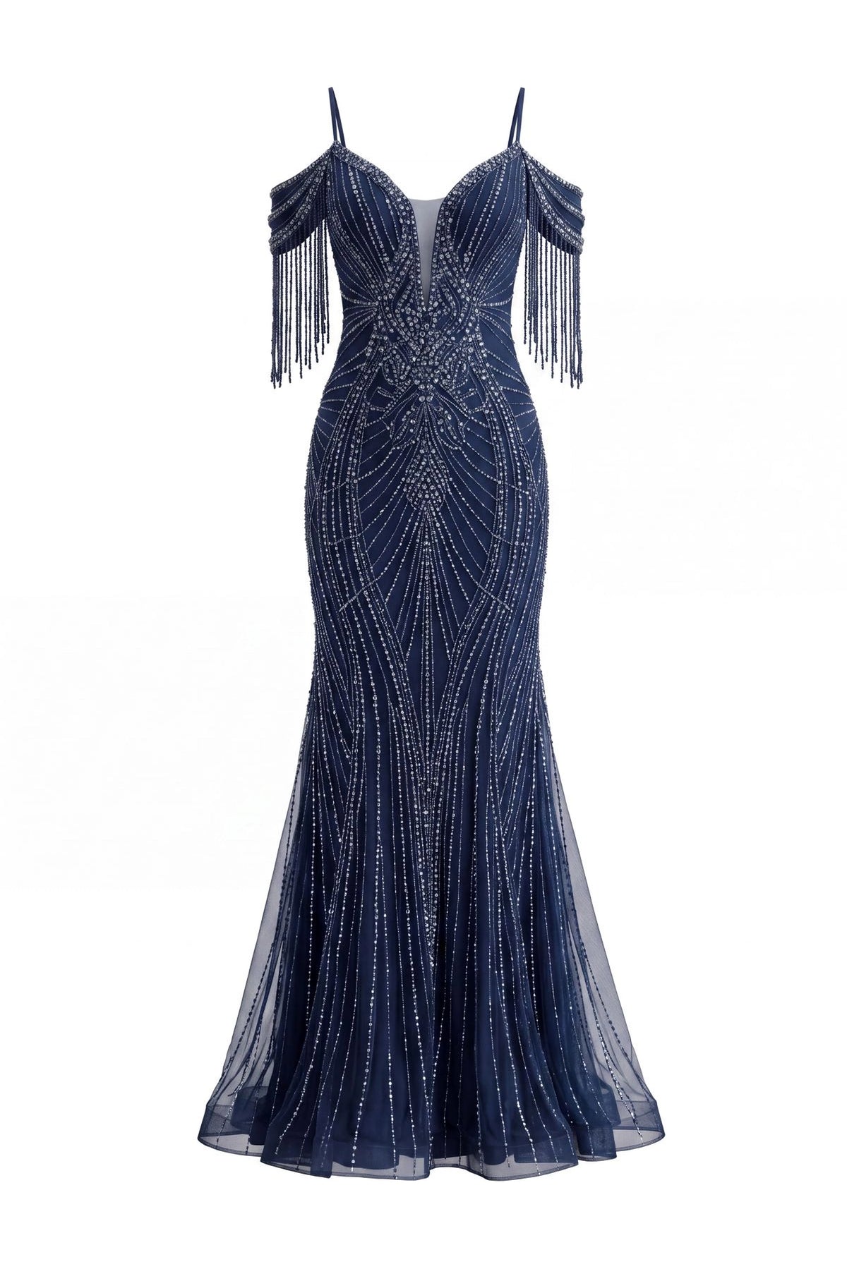 Beaded detailing accents this Navy prom and evening dress.