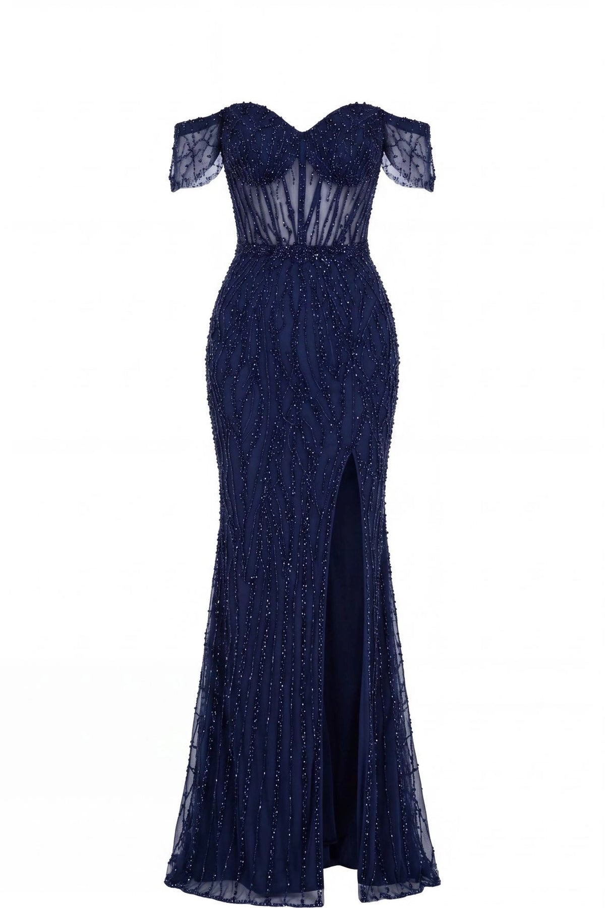 Beaded detailing accents this Navy prom and evening dress.