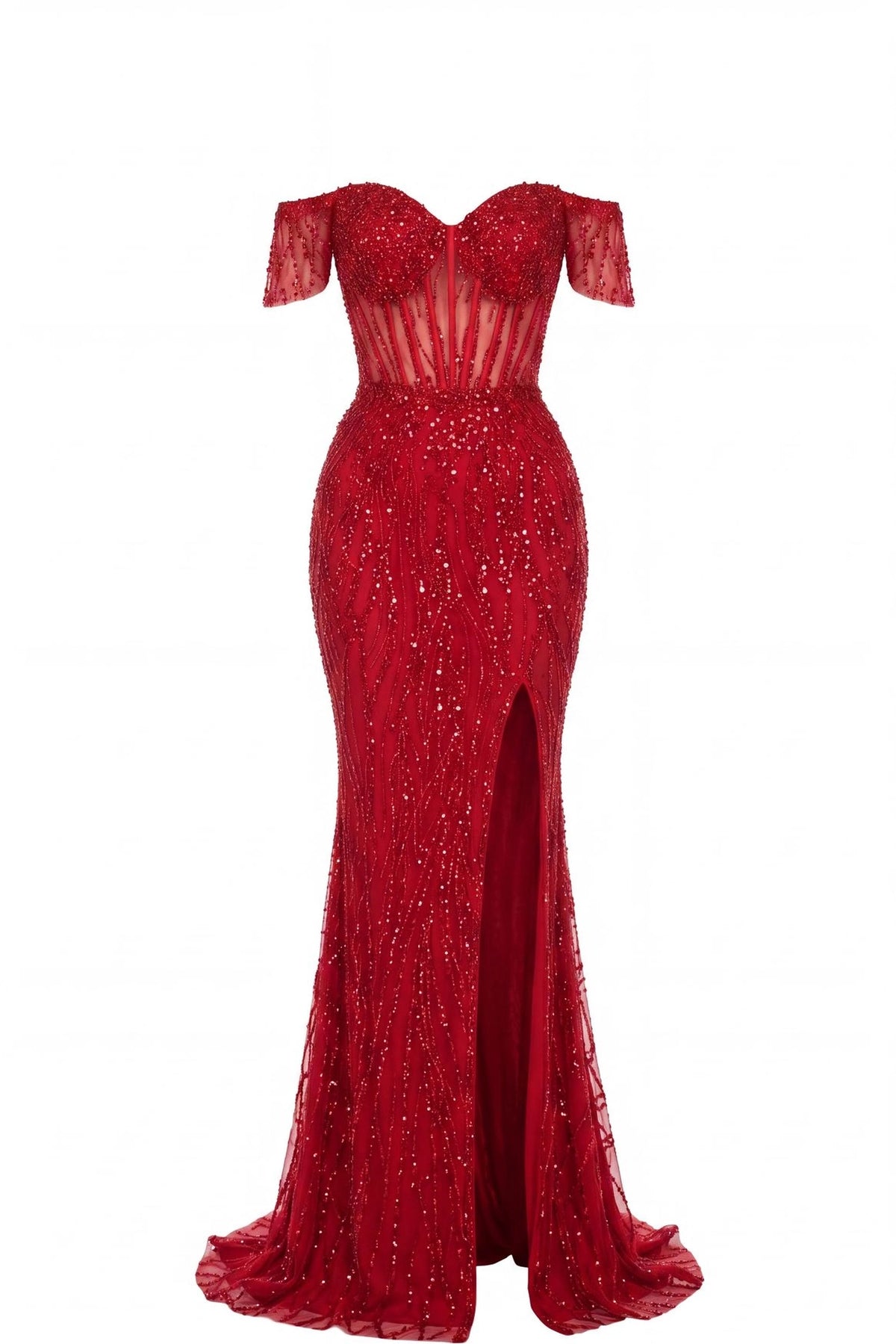 Beaded detailing accents this Red prom and evening dress.