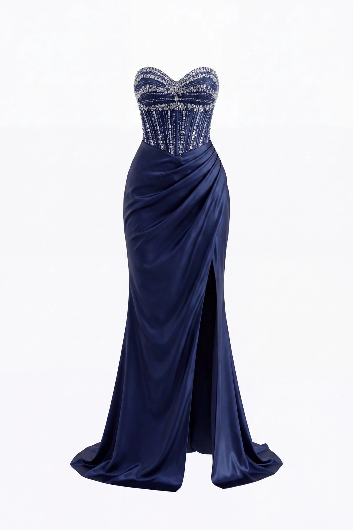 Beaded detailing accents this Navy prom and evening dress.