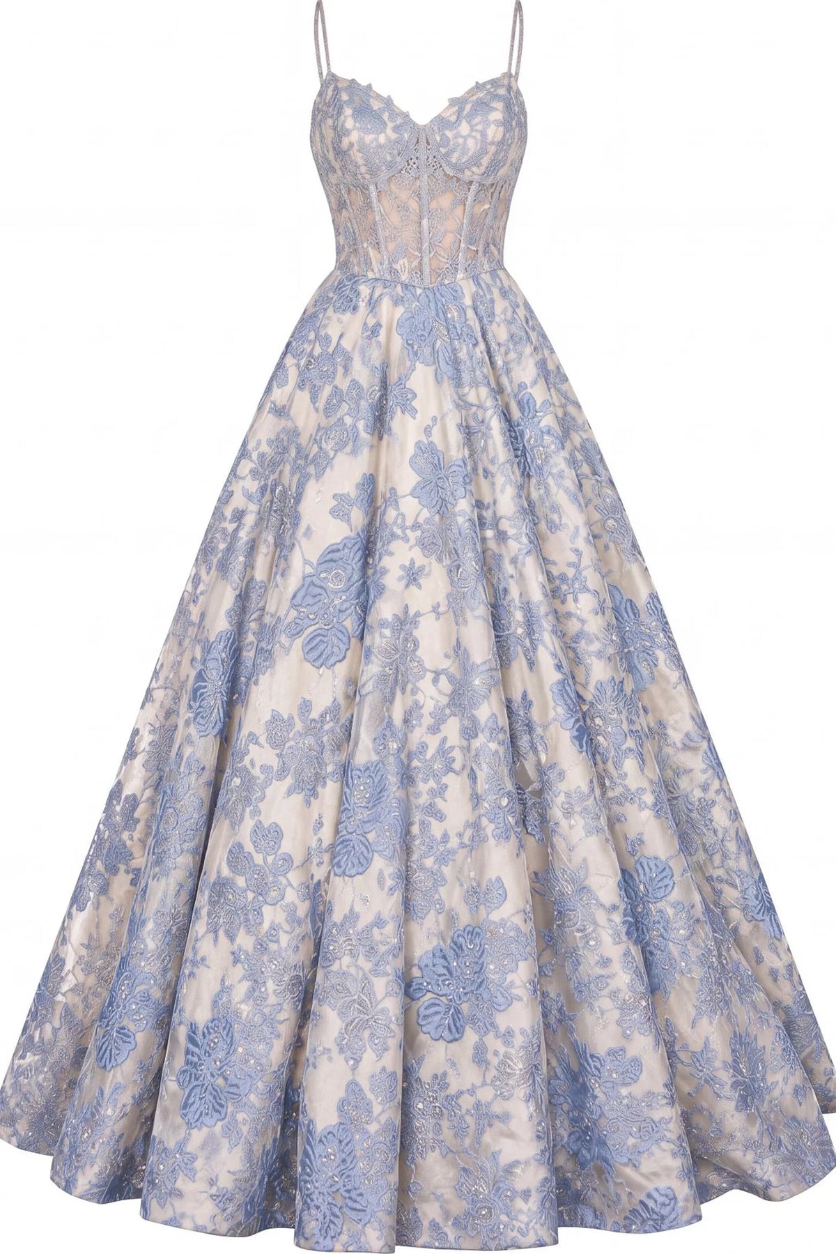 Draped skirt creates a flowing silhouette on this Blue prom and evening dress.