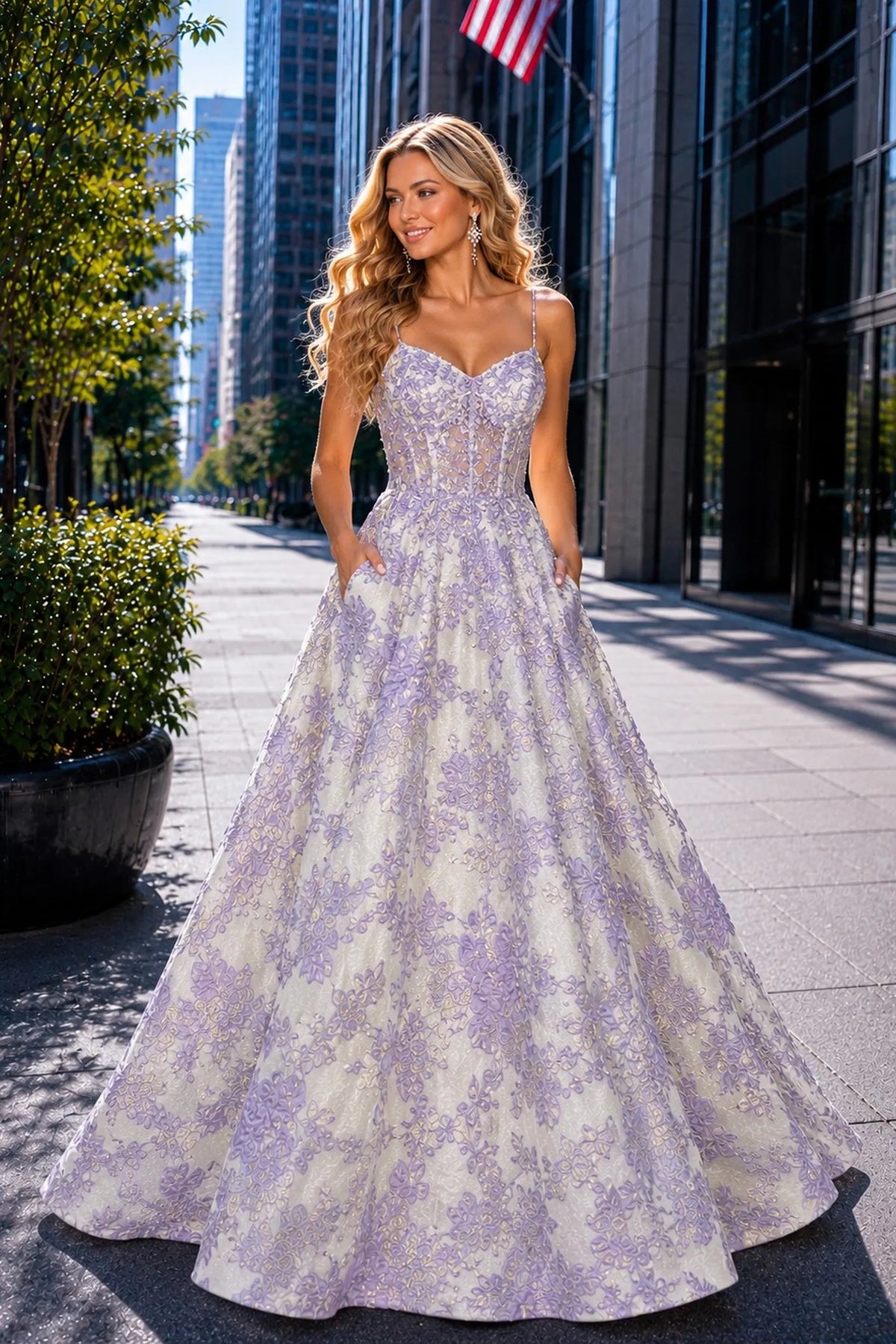 Lilac prom and evening dress with a sweetheart neckline and floor-length skirt.