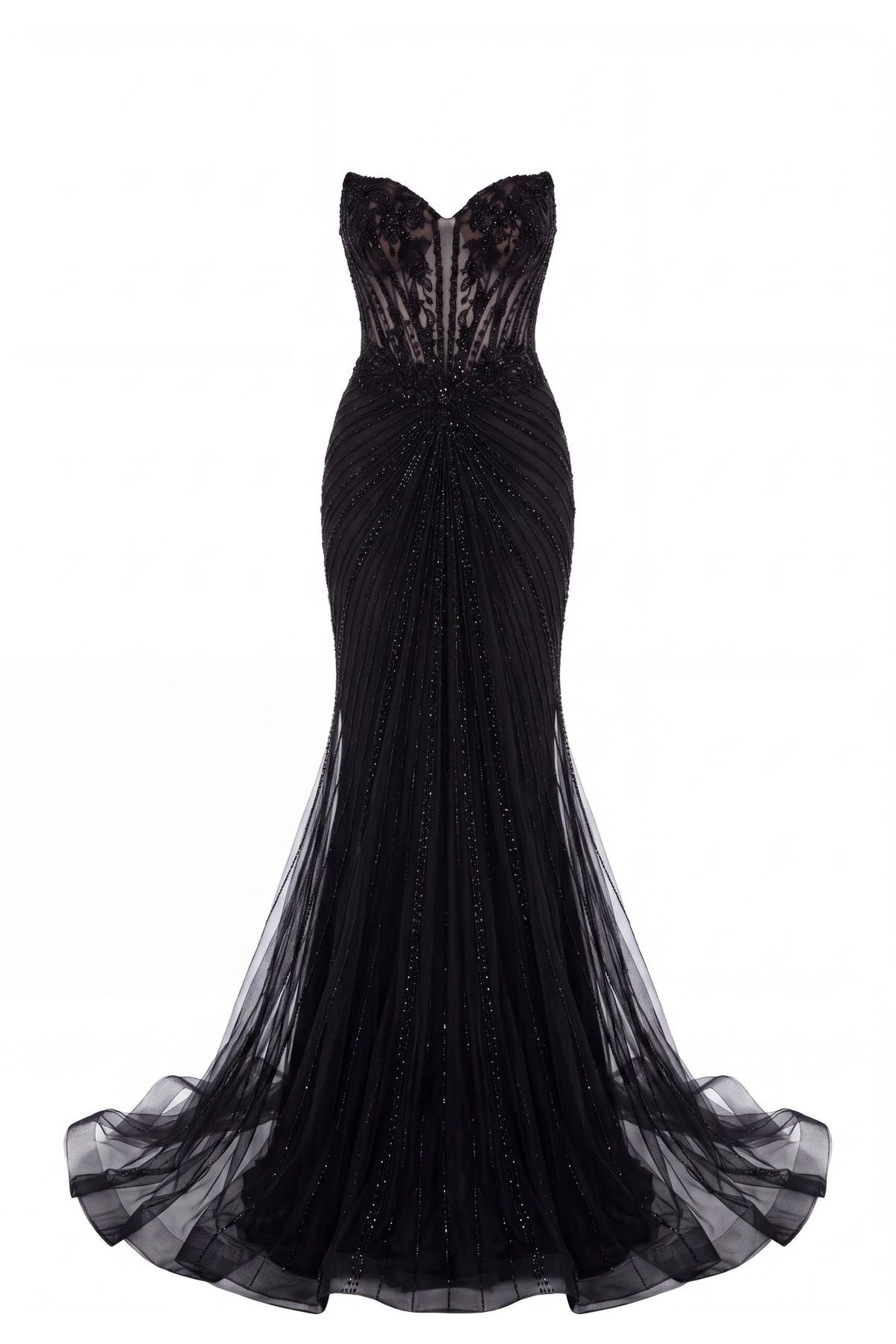 Beaded detailing accents this Black prom and evening dress.