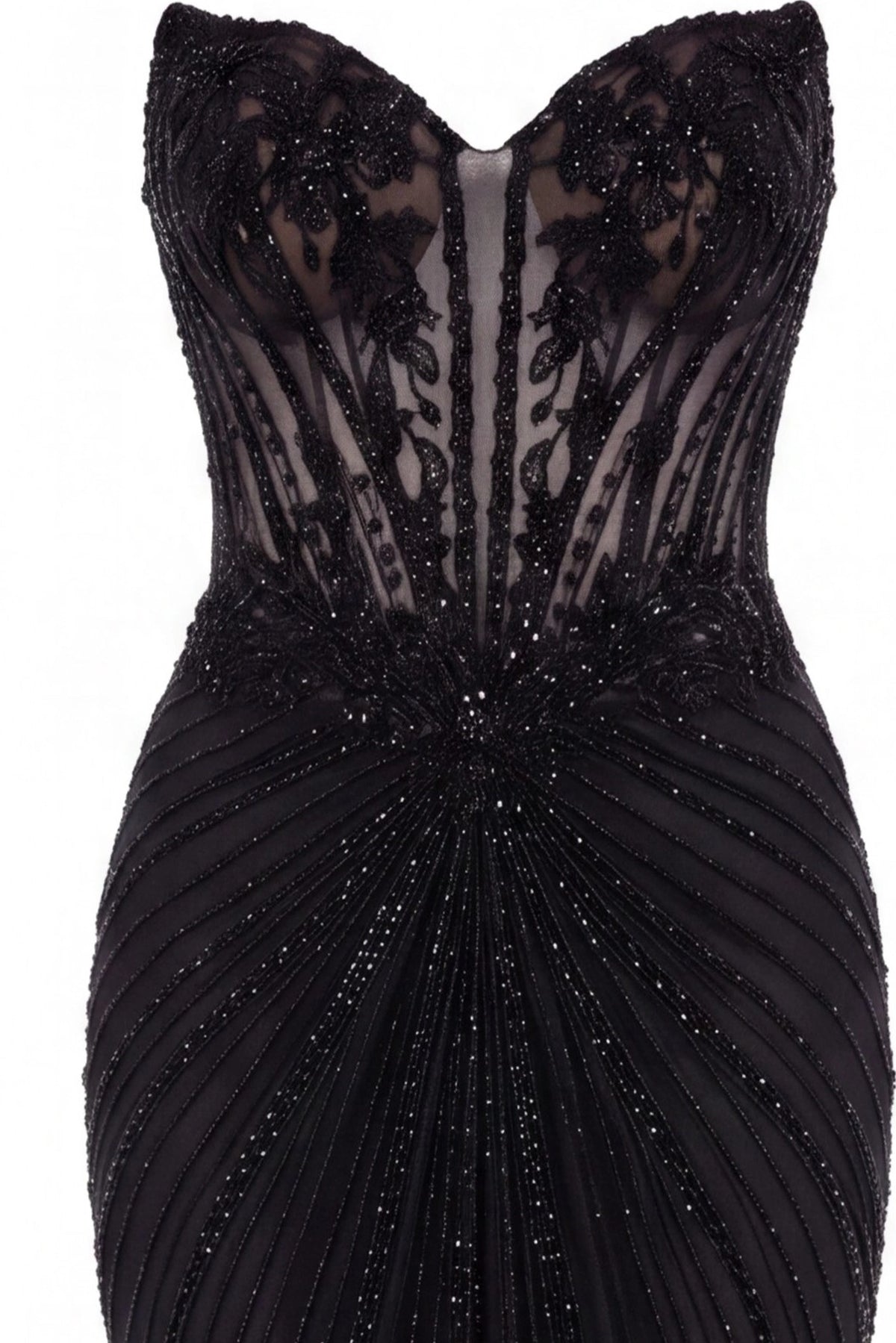 Detail of this Black prom and evening dress shows floral lace and beadwork.