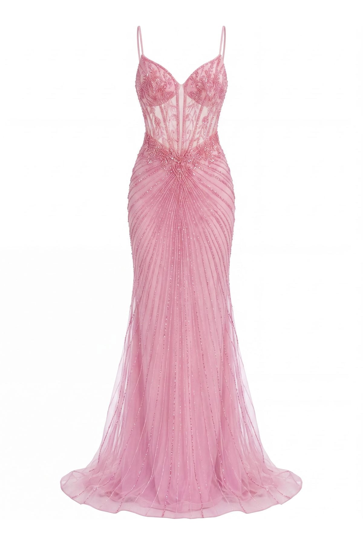 Beaded detailing accents this Pink prom and evening dress.