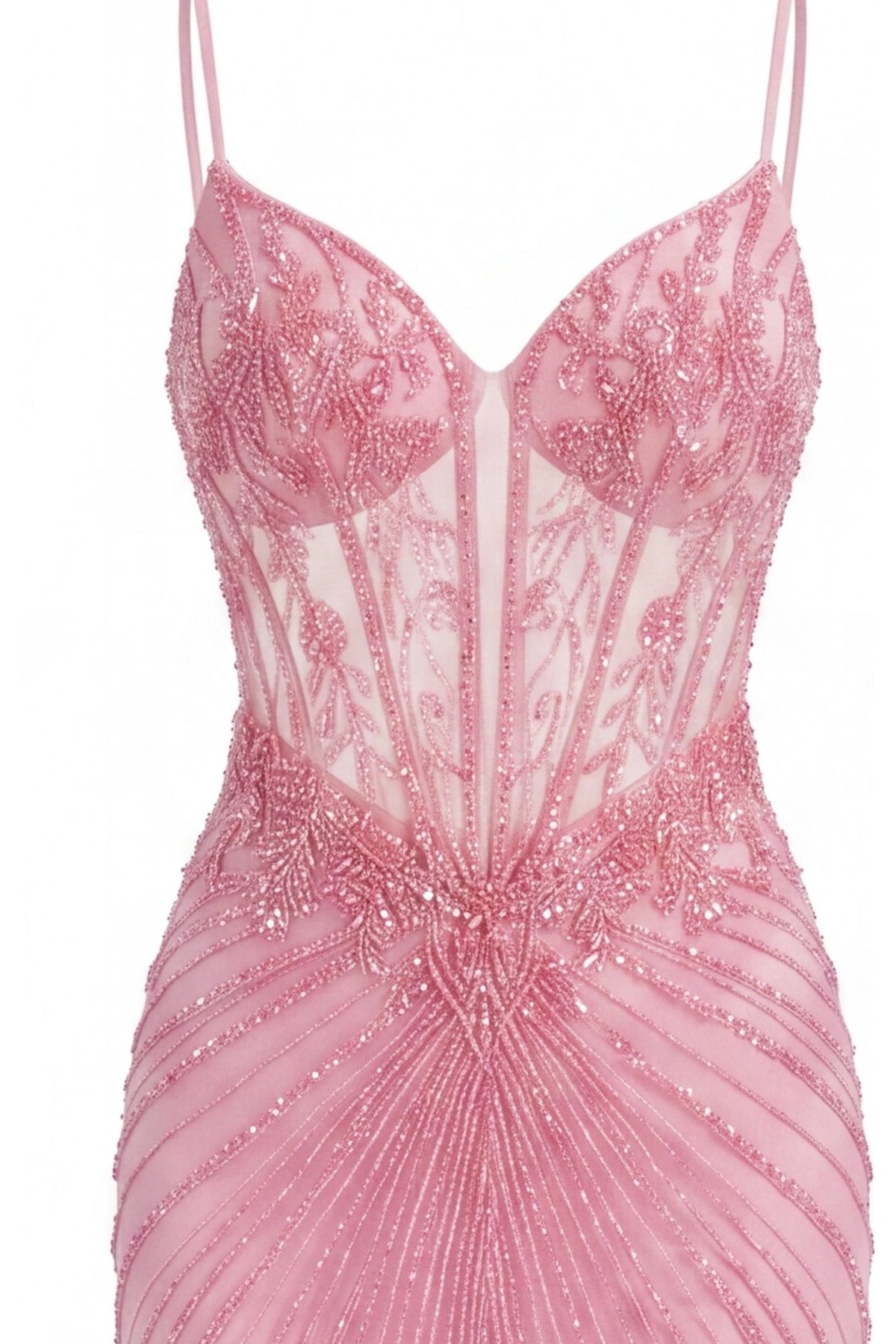Detail of this Pink prom and evening dress shows floral lace and beadwork.