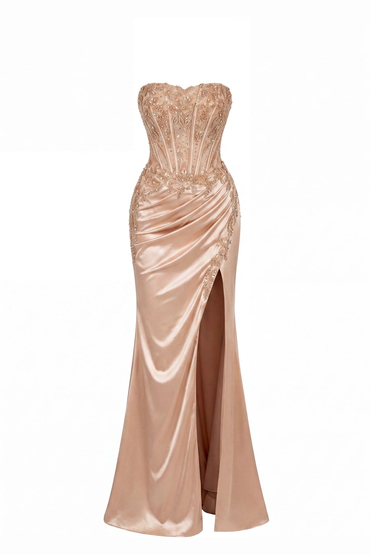 Beaded detailing accents this Champagne prom and evening dress.