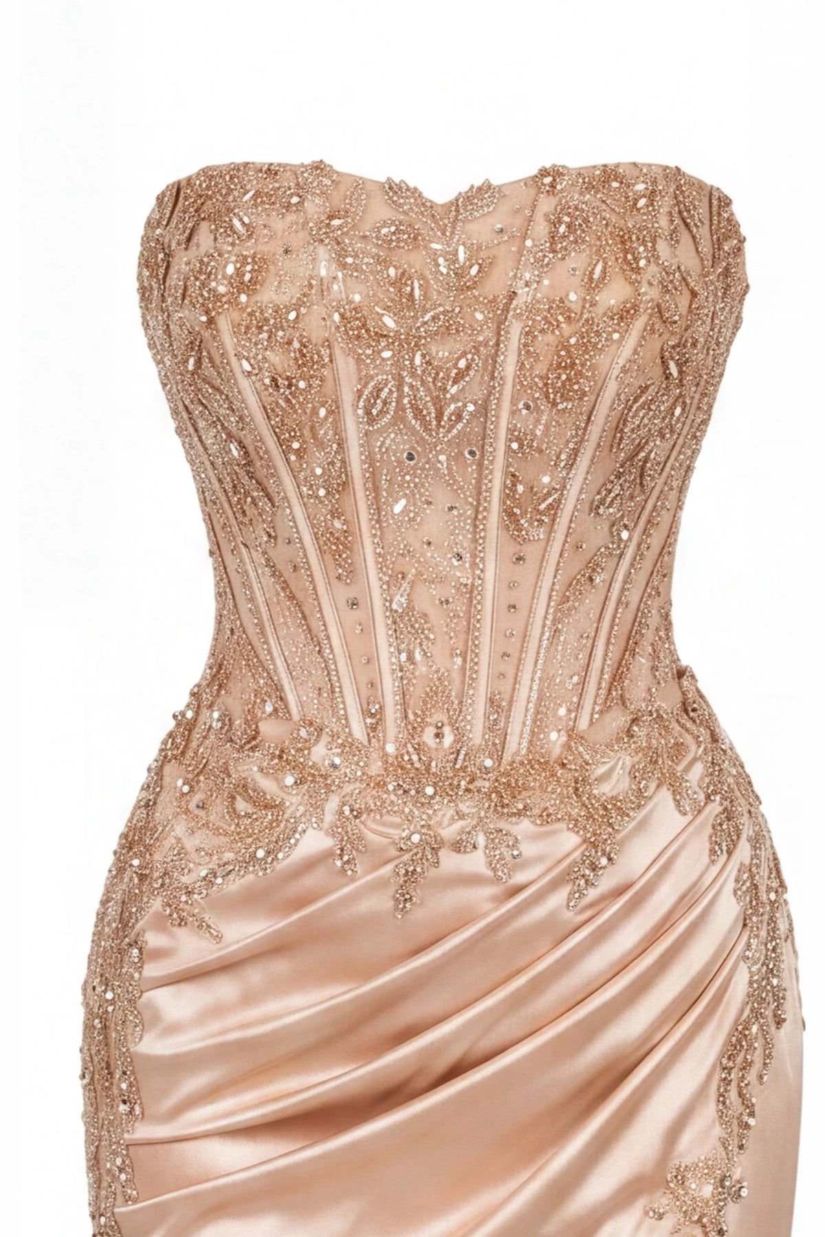 Detail of this Champagne prom and evening dress shows sparkling beadwork.