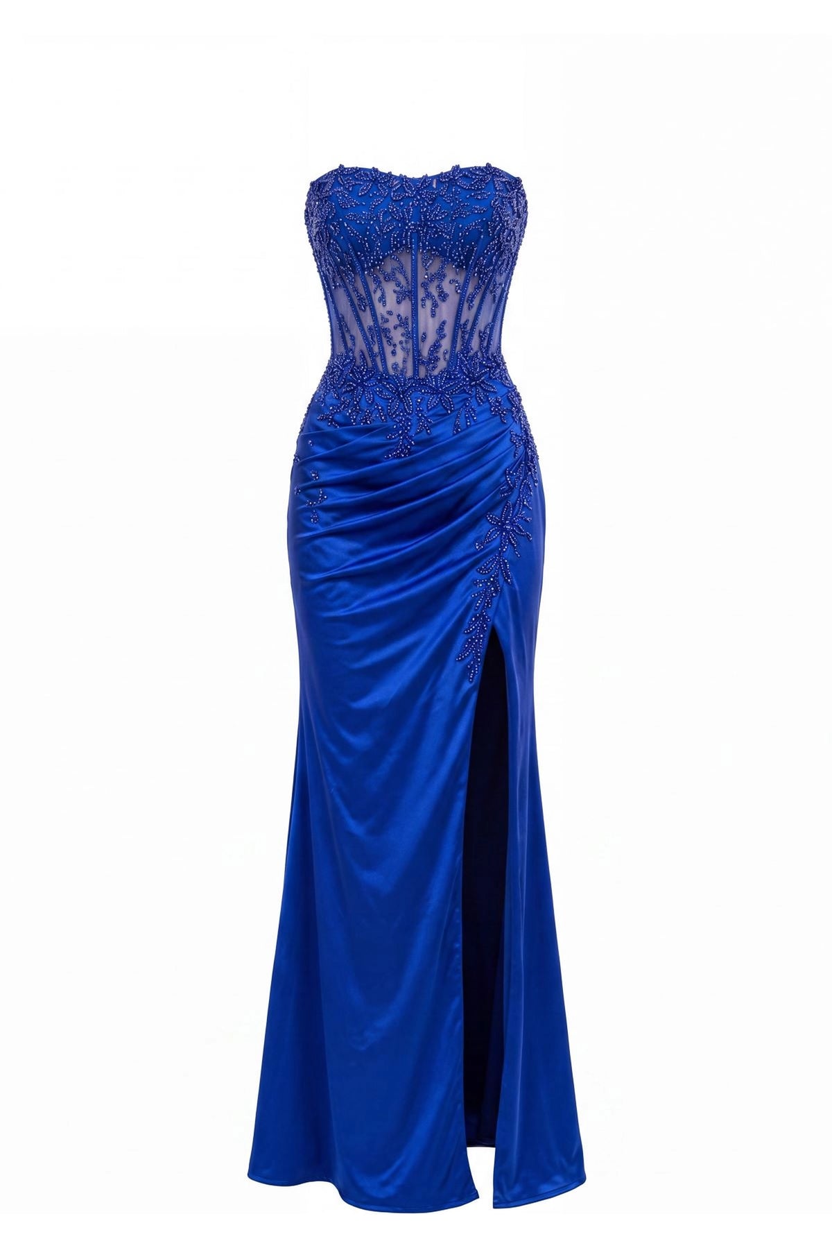 Beaded detailing accents this Royal Blue prom and evening dress.