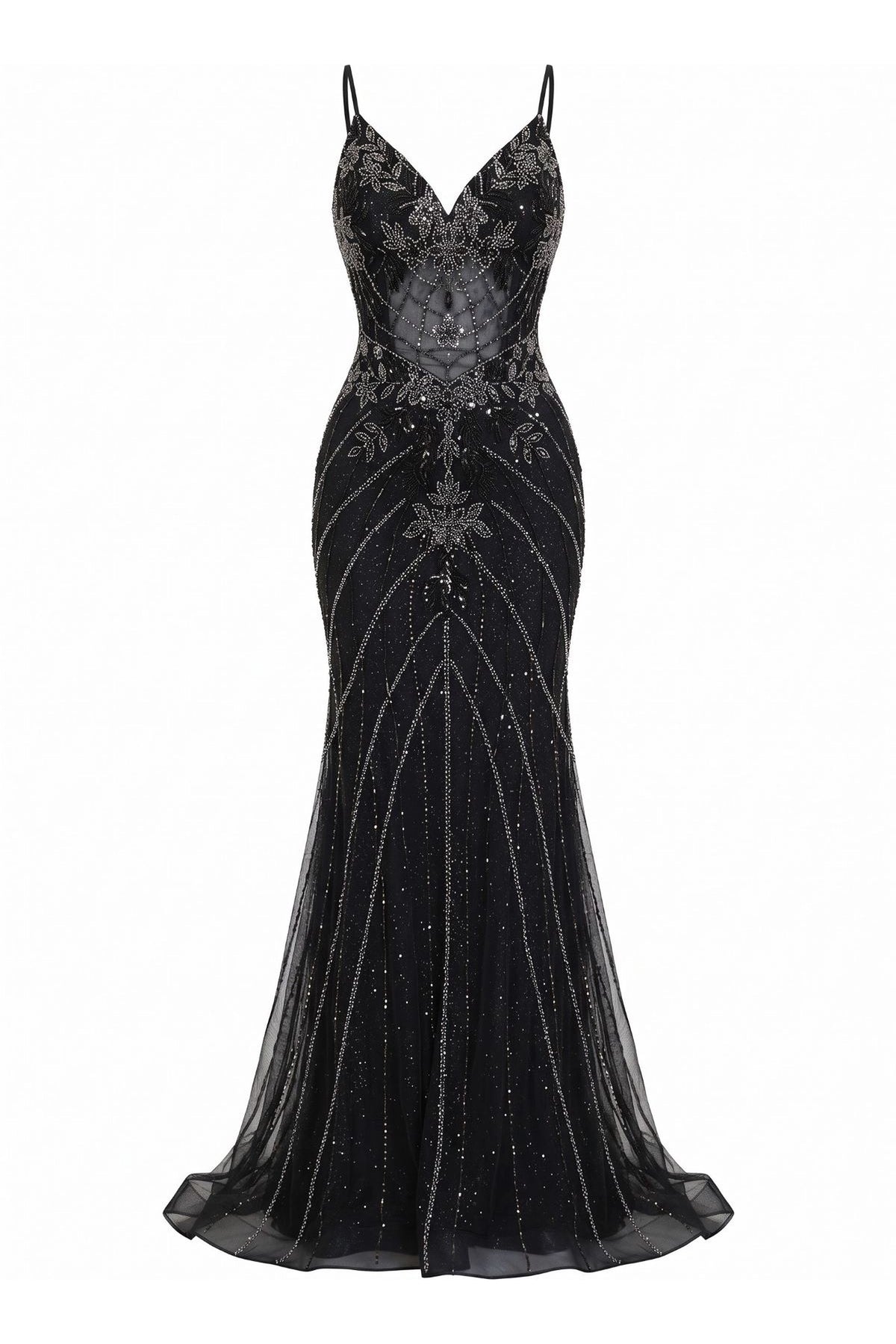 Beaded detailing accents this Black/Silver prom and evening dress.