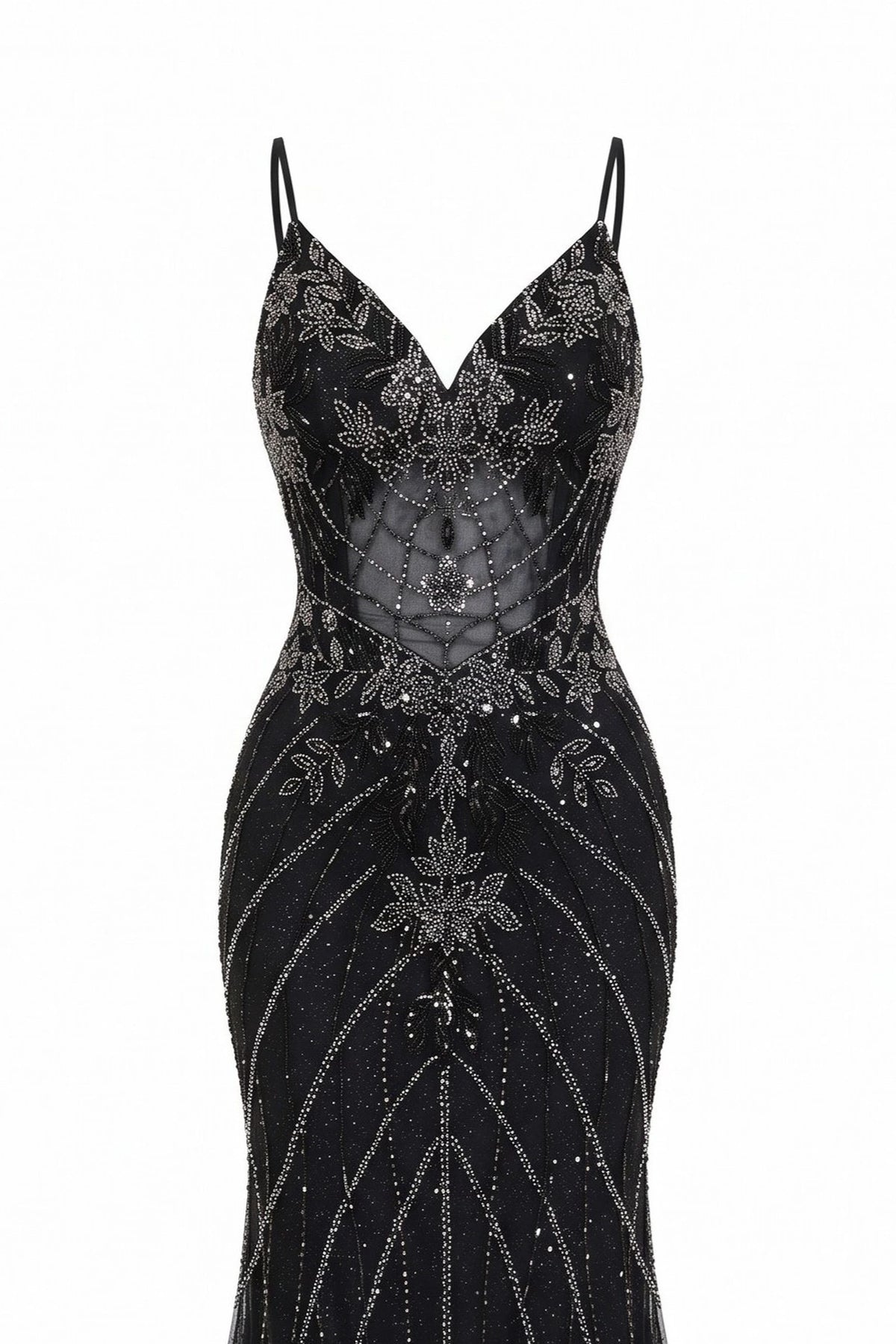Detail of this Black/Silver prom and evening dress shows floral lace and beadwork.
