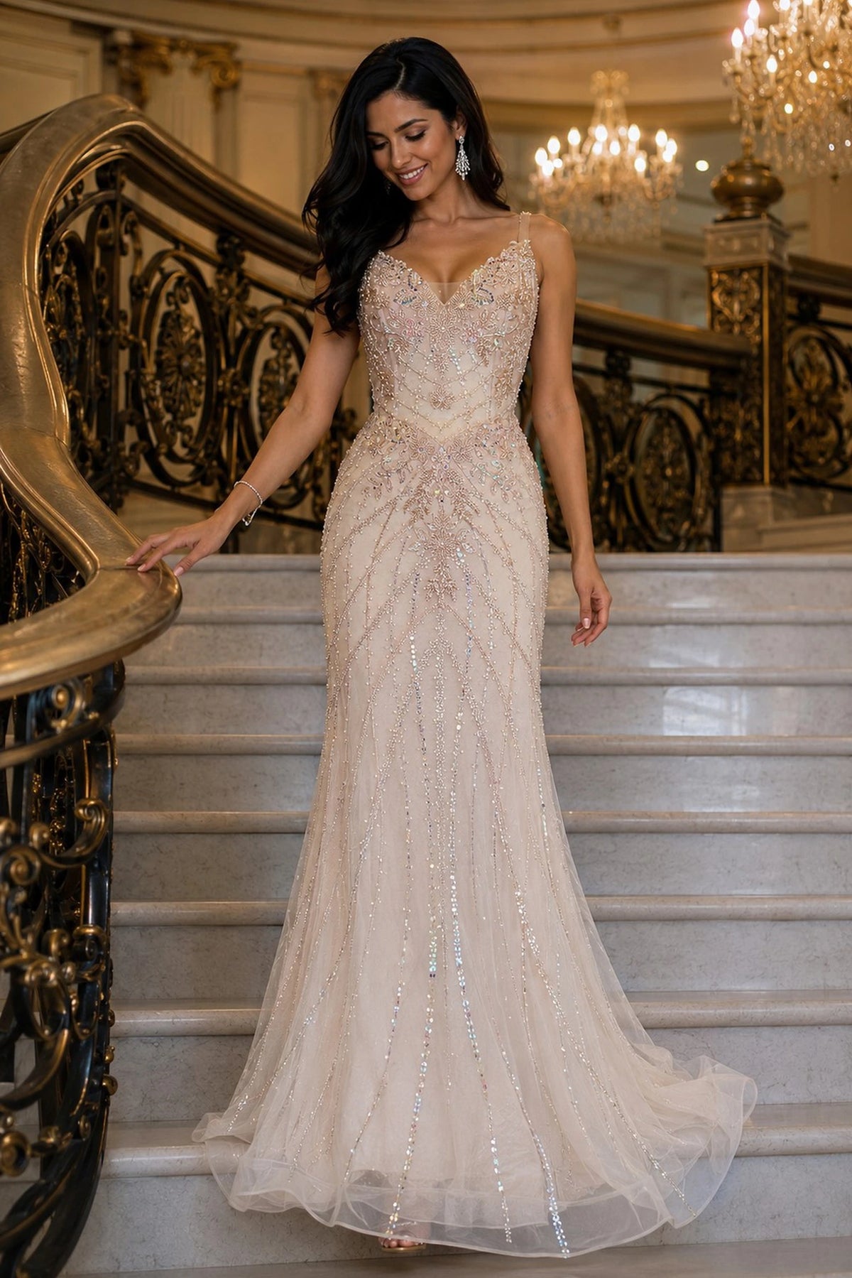 Champagne prom and evening dress with a sweetheart neckline and tulle skirt.