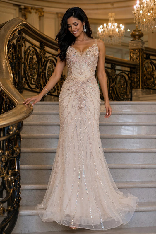 Champagne prom and evening dress with a sweetheart neckline and tulle skirt.
