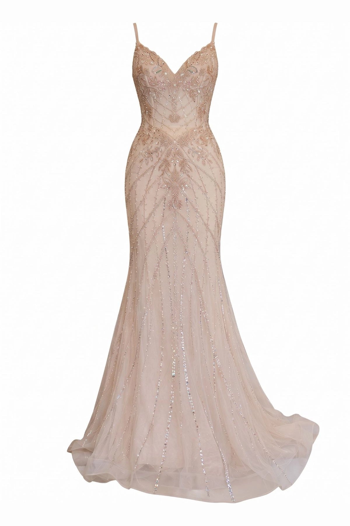 Beaded detailing accents this Champagne prom and evening dress.