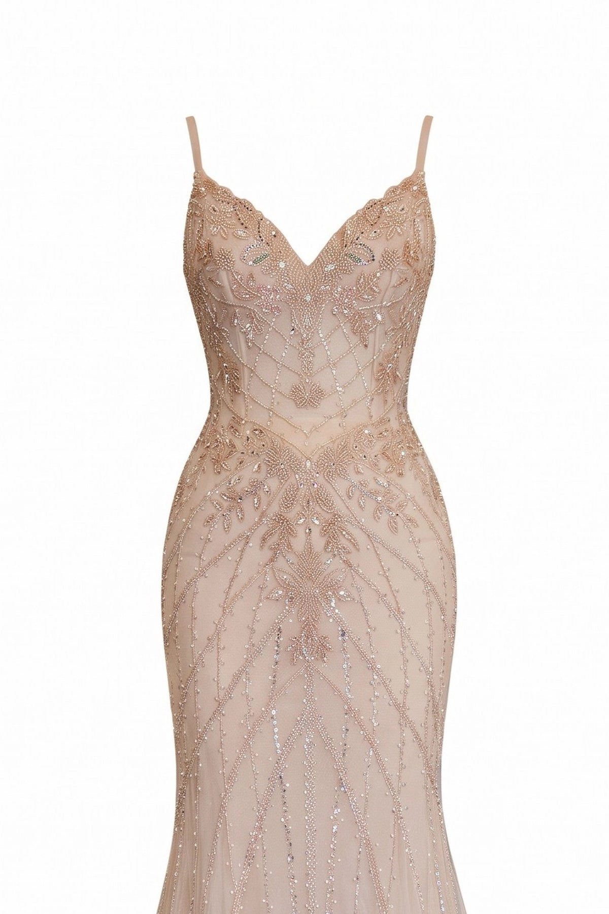 Detail of this Champagne prom and evening dress shows floral lace and beadwork.