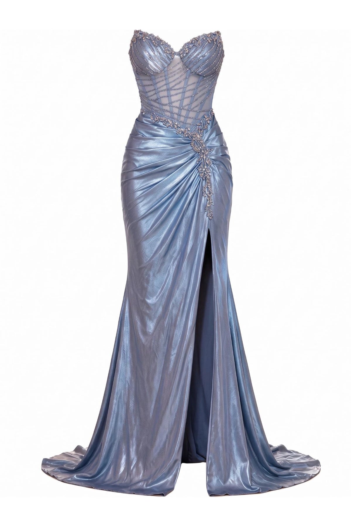 Beaded detailing accents this Dusty Blue prom and evening dress.